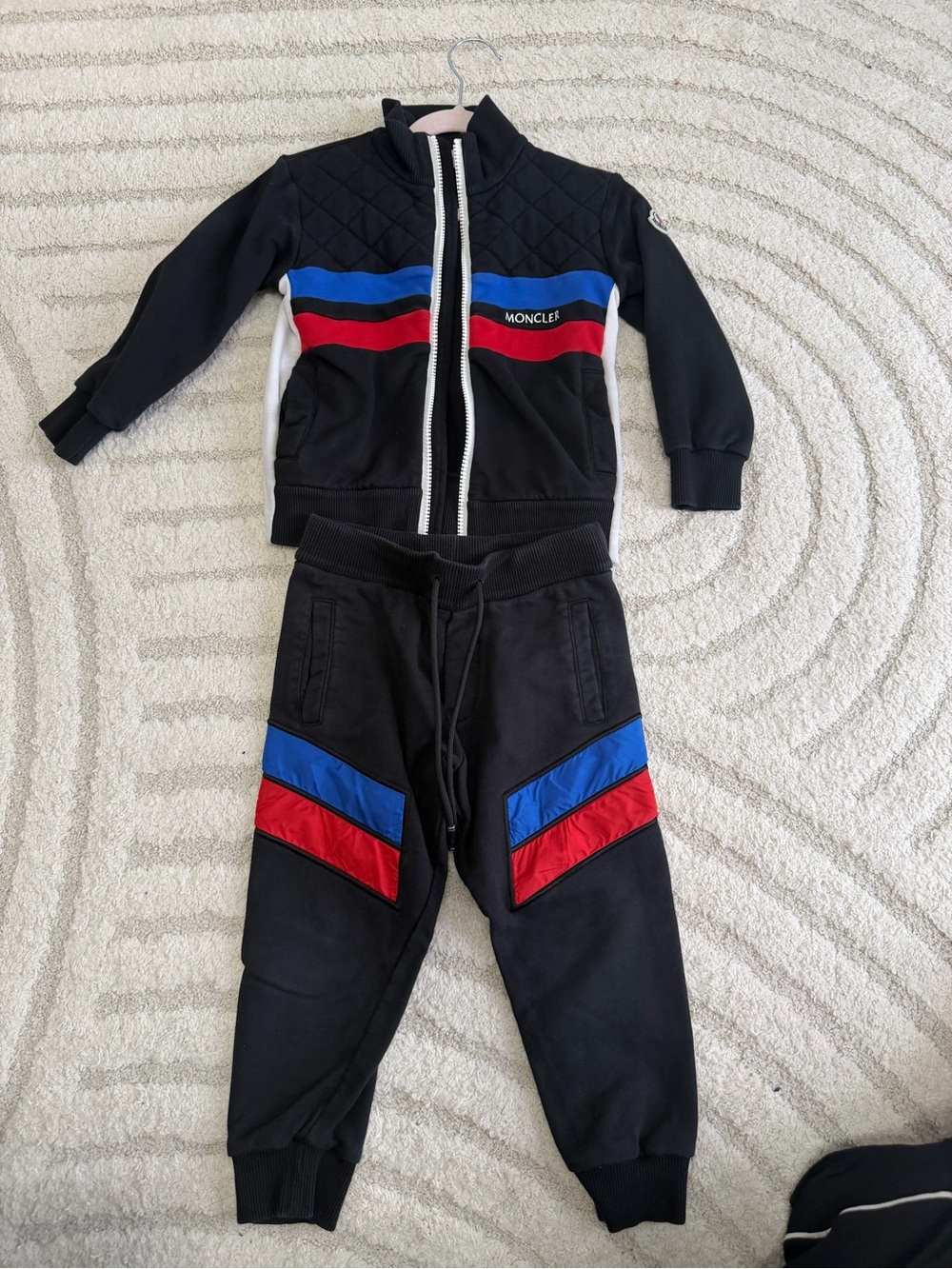Moncler Kids Black Sweatpants with Red & Blue Chevron Panels